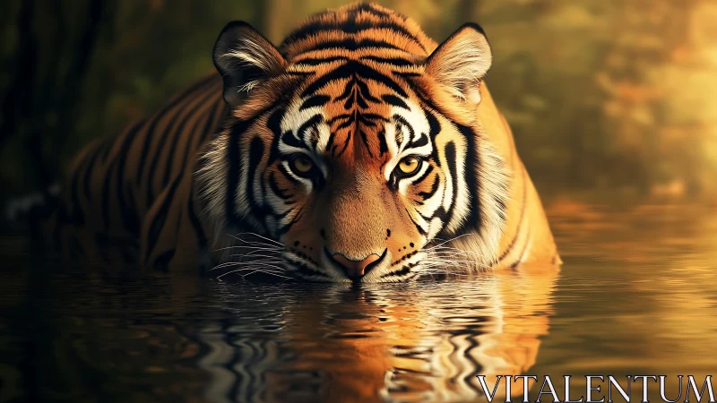 Tiger partially submerged in shallow reflective water surface.