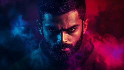 Intense bearded portrait under neon red blue smoke lighting.