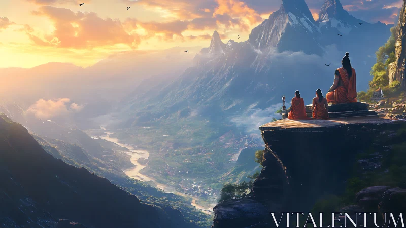 Mountain monks overlook serene valley at sunrise.