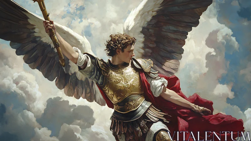 Armored archangel with gilded wings poised in storm clouds.
