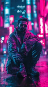 Neon city night portrait with relaxed streetwise style.