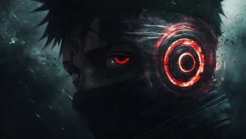 Masked cybernetic warrior stares forward with glowing red eye