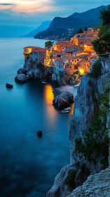 Coastal cliff village glows over calm twilight sea
