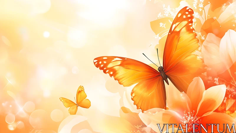Two orange butterflies hover over soft-focus orange flowers