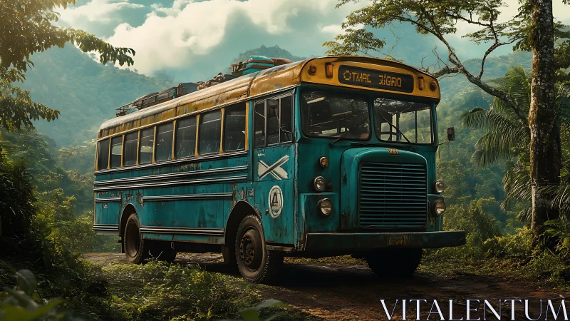Old turquoise bus stands on dirt road in dense green hills