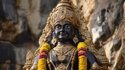 Ornate black stone deity statue adorned with vivid garlands.