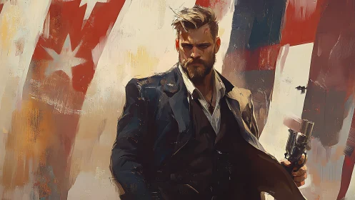 Bearded gunslinger framed by abstract patriotic banner.