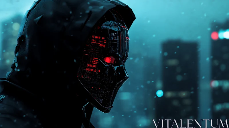 Hooded cyber guardian watching over a neon winter city.