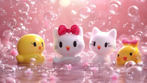 Rendered Character Trio in Ethereal Pink Bubble Environment. 3D Composition.