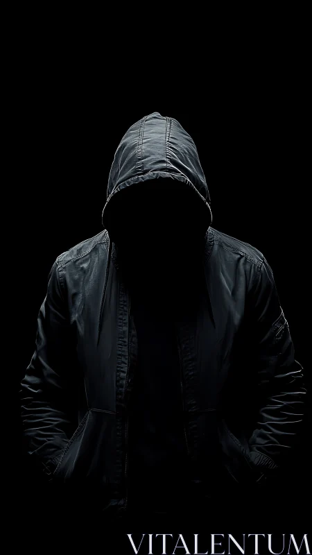 Hooded figure stands in low key lighting against black background