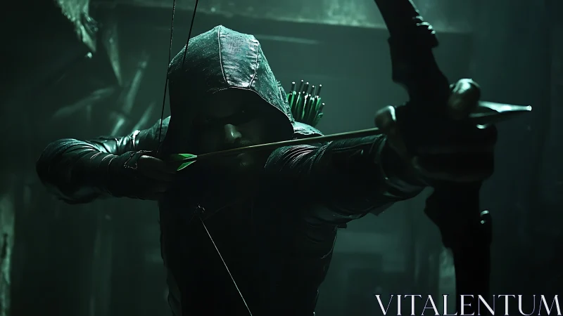 Hooded archer in low key green-lit alley, bow fully drawn