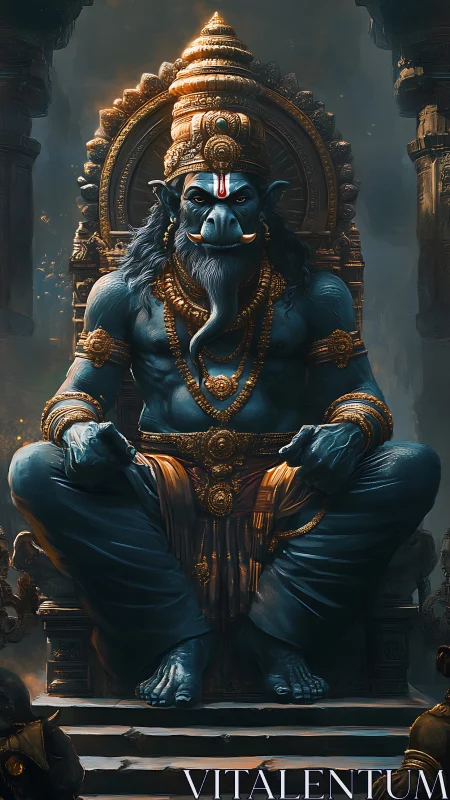 Blue humanoid deity sits on ornate golden stone throne