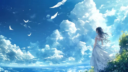 Anime girl overlooks bright sky with soaring white birds.