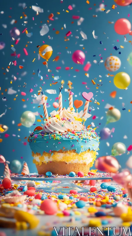 Tiered Birthday Cake with Suspended Confetti in Controlled Environment.