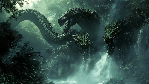 Triheaded hydra emerges from mist-laden rainforest cascade
