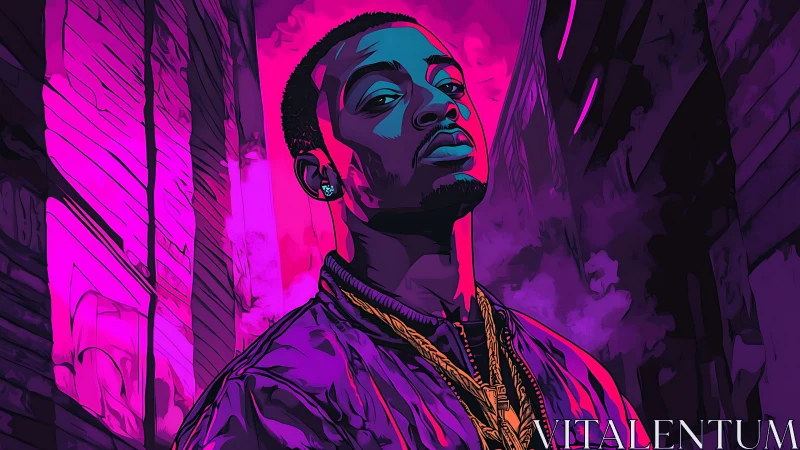 Neon-lit urban portrait uses bold magenta cyan contrast.