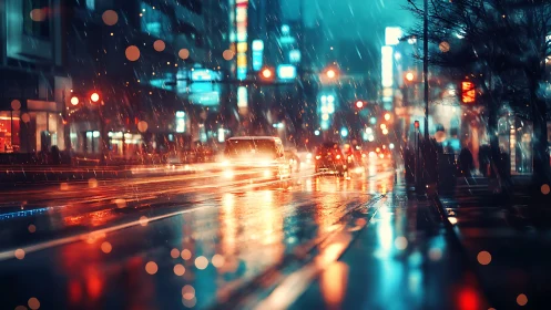 Nocturnal urban boulevard in rainfall with neon bokeh trails