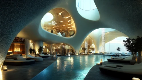 Architectural rendering demonstrates curved structural geometry with integrated water feature.
