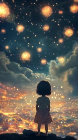 Child observing glowing sky above illuminated night city.