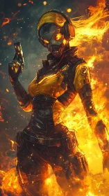 Cybernetic fire assassin strides through roaring inferno.