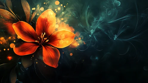 Radiant Fire Flower Glowing Against Teal Darkness.