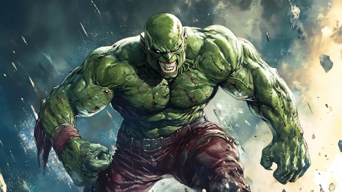 Muscular green humanoid mid-charge with dynamic motion trails