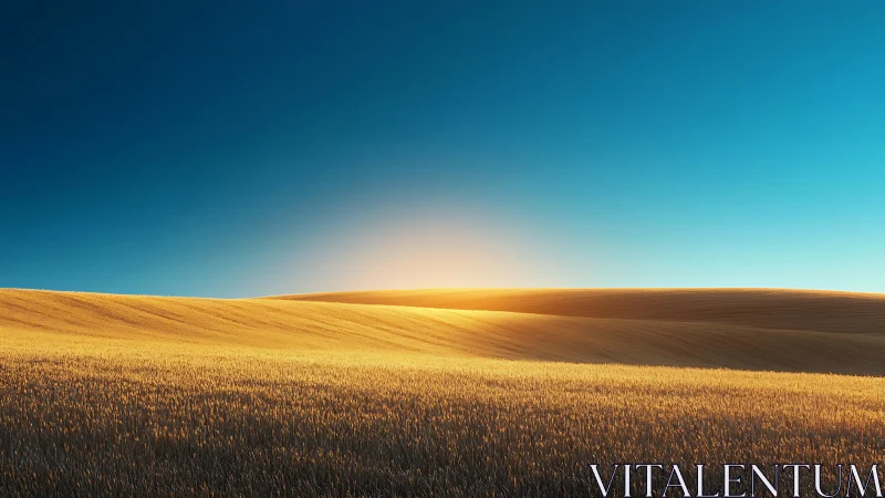 Sunrise light across golden wheat fields and clear sky.