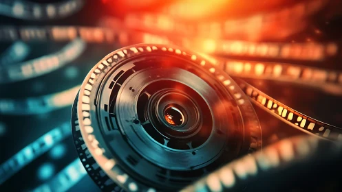 Cinema lens core with spiraling film reels and firelight glow.