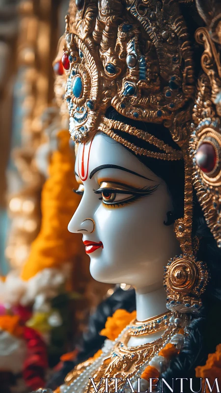 Regal goddess bust in ornate gold crown and vivid florals.