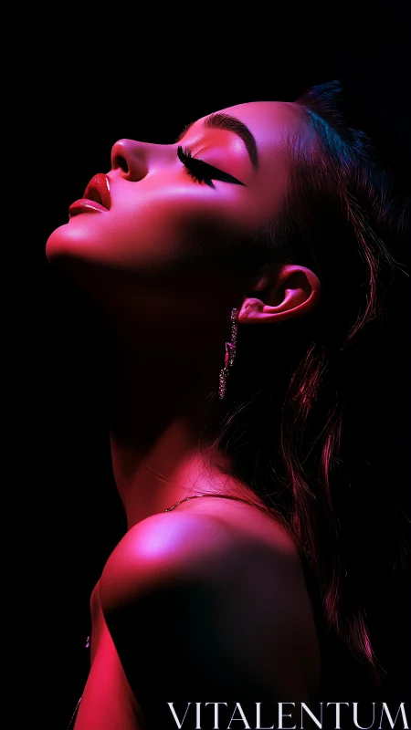 Neon-lit female profile bathed in dramatic shadow and color.