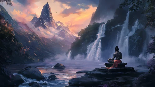 Mystic monk meditating beside cascading mountain waterfalls.
