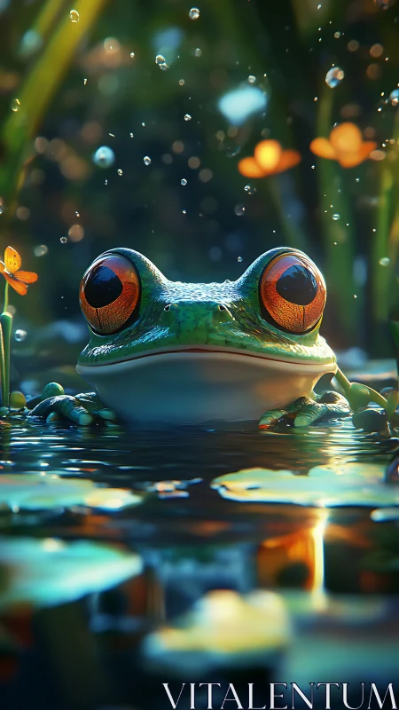 Wide-eyed pond philosopher watches raindrops crown dusk