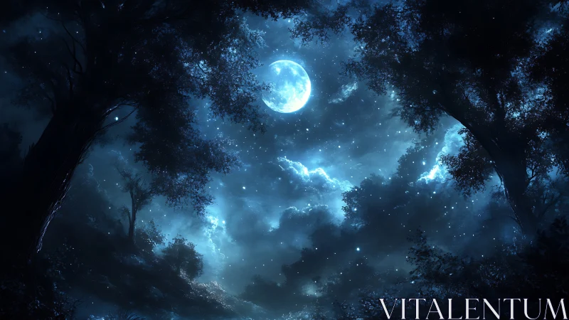 Moonlit forest sky framed by dark trees at night.