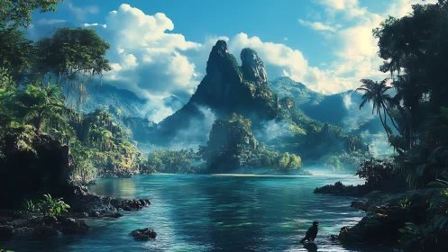 Tropical lagoon with twin volcanic peaks and dense forest vegetation.