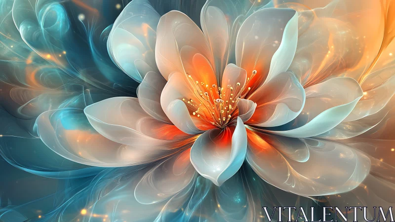 Glimmering flower petals unfold in soft teal and amber light