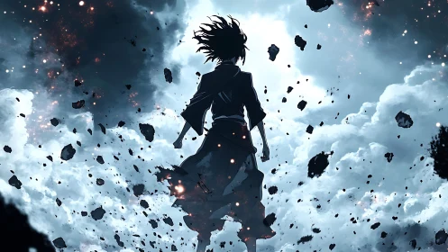 Stormlit wanderer rising through shattered sky and stone.