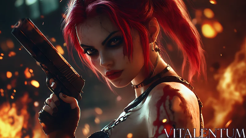 Red haired gunwoman in fiery action scene portrait.