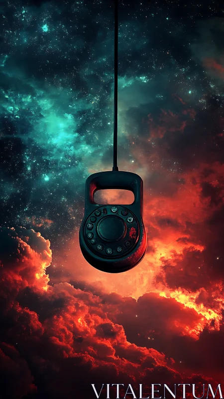 Rotary telephone handset is suspended against nebula sky