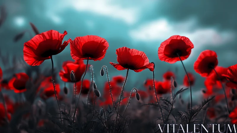 Vibrant Red Poppies With Dark Centers Against Turquoise Storm Sky