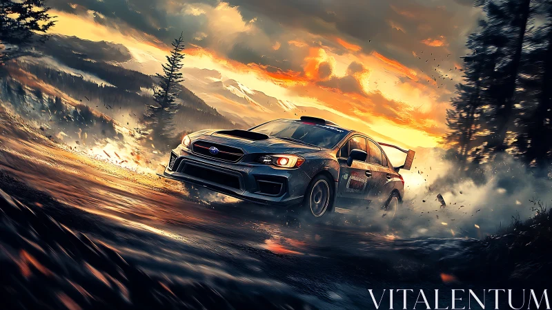 Rally car slashes wet mountain track under blazing sunset