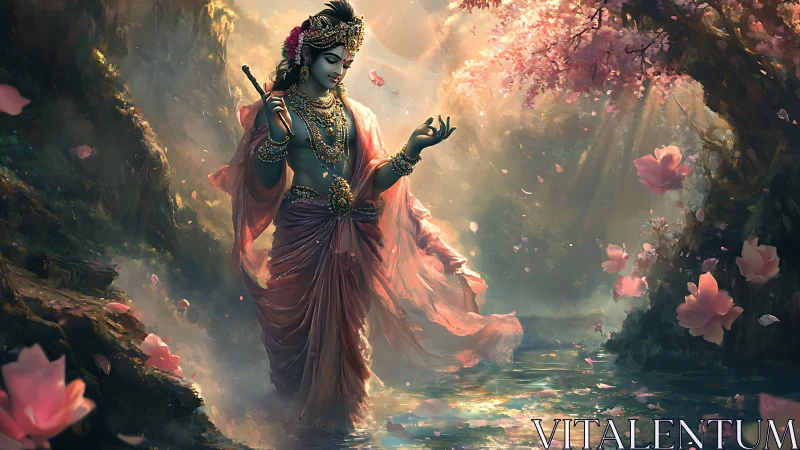 Divine figure in jeweled robes walking through floral stream.