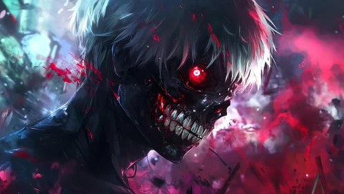 Cybernetic ghoul portrait renders exposed jaw, glowing ocular core