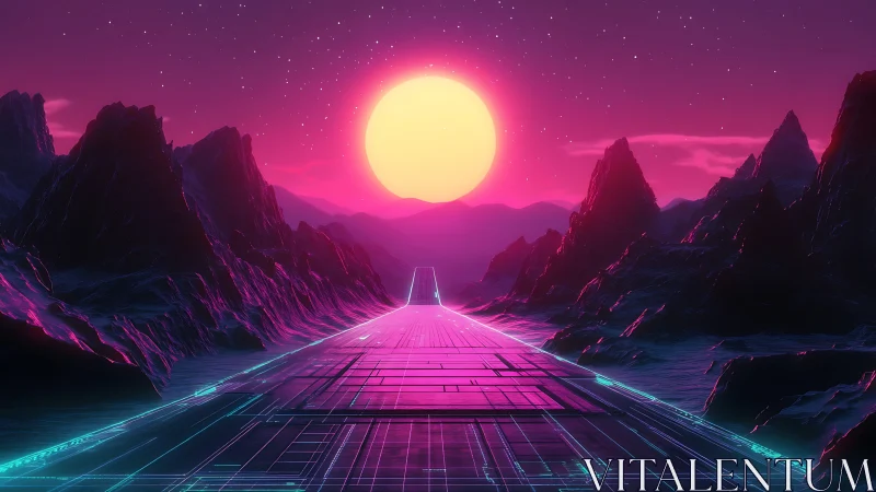 Neon grid roadway through stylized mountains at sunset.