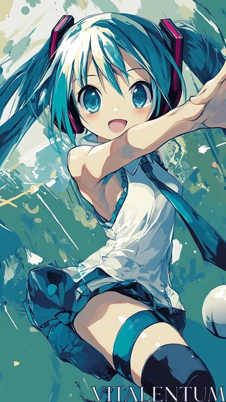 Energetic teal-haired anime girl leaps through dynamic splashes.