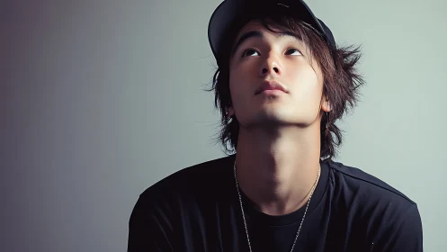 Young man in soft key portrait lighting gazing upward intently