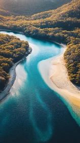 Aerial river meander with turbid sandbar gradients and dense canopy