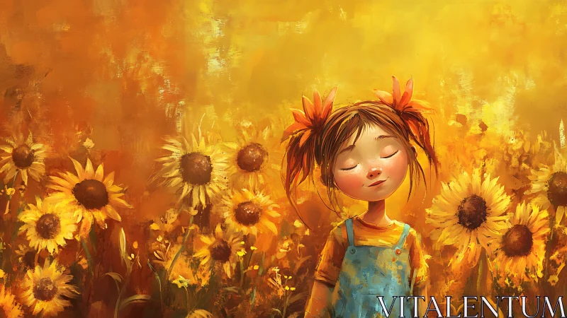 Sun-drenched daydream girl drifting in a golden sunflower sea.