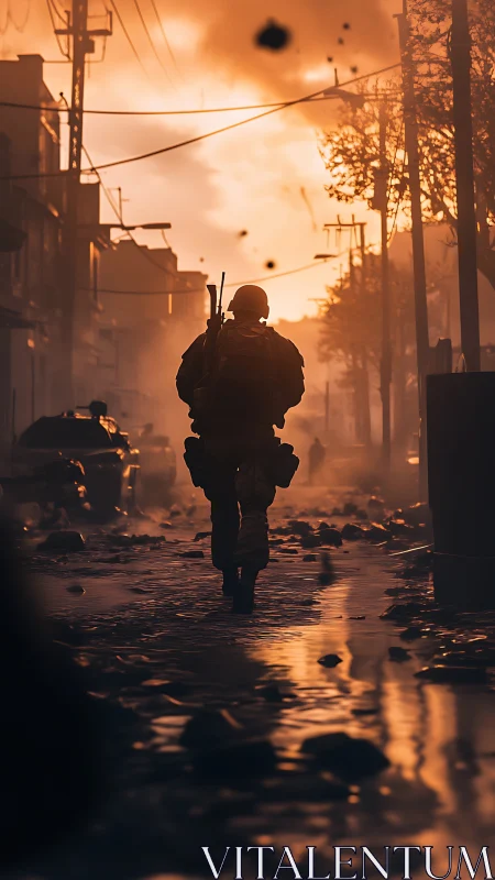 Soldier silhouette in urban street during orange sunset.