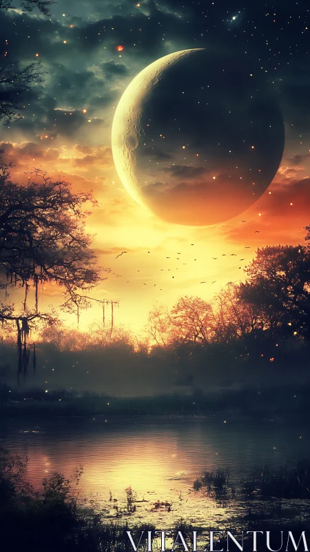 Giant crescent planet over reflective lake at twilight