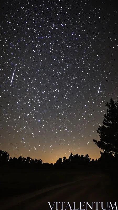 Night sky with meteor streaks above silhouetted treeline.